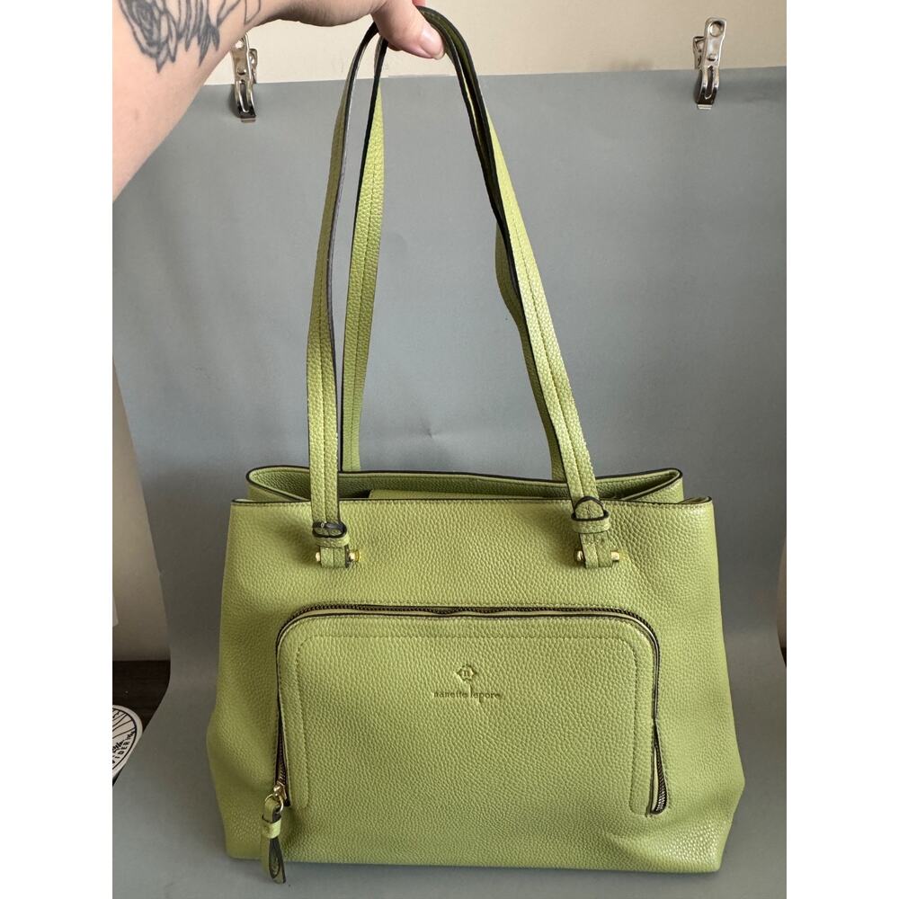 Nanette Lepore Green Shoulder Bag Tote Gold Hardware Front Zip Pocket Pastel - Picture 2 of 7